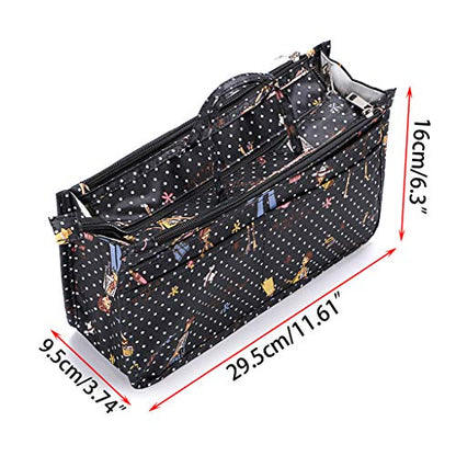 BTSKY Printing Handbag Organizers Inside Purse Insert-High Capacity 13 Pockets Bag Tote Organizer with Handle Fashion Style - color: Black+Pink