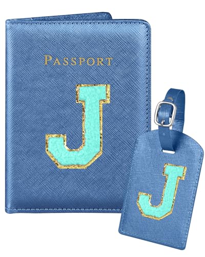 Slohif Passport Holder Initial Lugguage Tag Set Suitcase Cover Wallet Case for Travel Women - Leather Letter Passport Book Personalized Organizer Card Protector Sleeve Essentials Slim Carrier Blue J - color: Blue, style: J