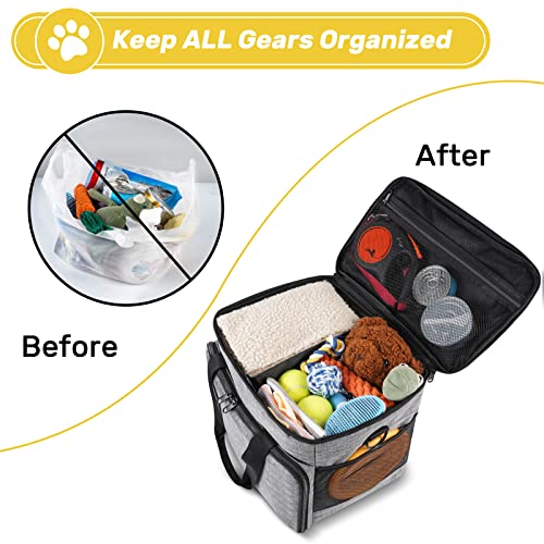 6 Set Dog Travel Bag, Large Pet Travel Kit for Supplies Includes 2 Food Containers, 1 Pet Organizer for Dogs, 2 Collapsible Bowls, 1 Treat Pouch, Dog Weekend Overnight Bag Luggage - color: Grey