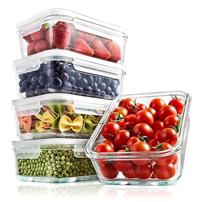 NutriChef 10-Piece Superior Glass Food Storage Containers Set (5 Containers + 5 Locking Lids),Stackable Meal-prep Design, BPA-free Airtight Clear Locking lids with Vent Lids & Air Hole, NCCLX5 - color: Transparent