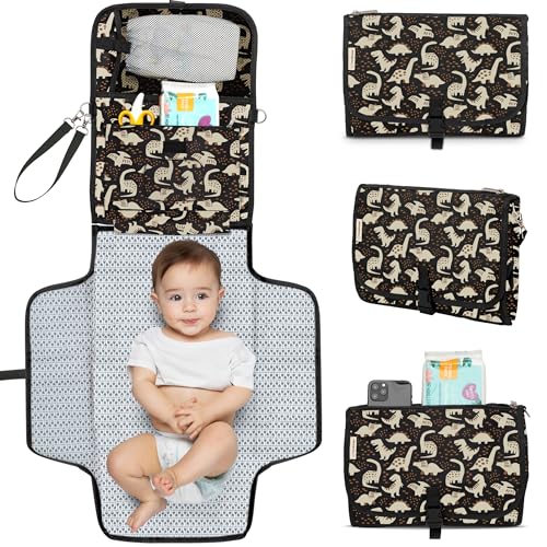KeaBabies Portable Diaper Changing Pad, Travel, Car - Large Waterproof Baby Changing Mat, Wipeable, Padded, On The Go Travel Diaper Clutch Bag, Easy to Use Pockets for Newborn Essentials (Dino Ridge) - color: Dino Ridge