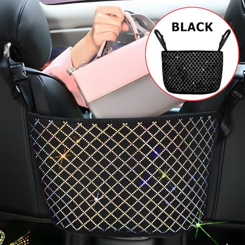 zipelo Bling Car Net Pocket Handbag Holder, Rhinestone Vehicle Backseat Purse Organizer Between Seats, Diamond Hanging Storage Bag Barrier of Pet Kids, Universal Automotive Accessories (Black) - color: Black
