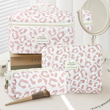 GISMTR 3Pcs Makeup Bag Cotton Quilted Travel Cosmetic Bag Cute Floral Makeup Pouch Large Toiletry Bag for Women Girls - color: Pink leopard print