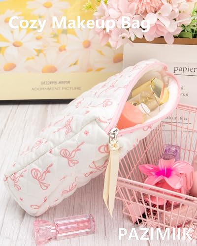 3PCS Makeup Bag SET Large Travel Quilted Zipper Soft Cosmetic Case Pouch for Women Girls Make Up,Bow Pink - color: Bow Pink, size: 3 PCS SET
