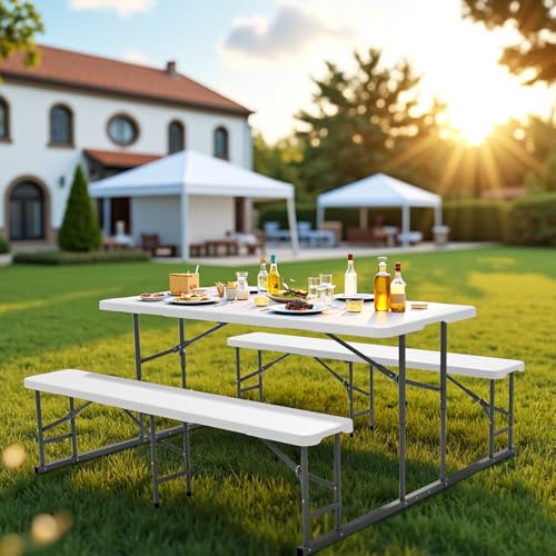 VINGLI Folding Picnic Table and Bench Set, Portable Outdoor Dining Furniture for Camping, Patio, Backyard, Wood Grain Plastic Top with Metal Frame (White) - color: White, style: Standard