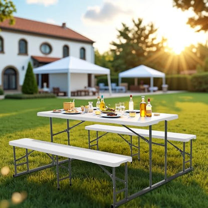 VINGLI Folding Picnic Table and Bench Set, Portable Outdoor Dining Furniture for Camping, Patio, Backyard, Wood Grain Plastic Top with Metal Frame (White) - color: White, style: Standard