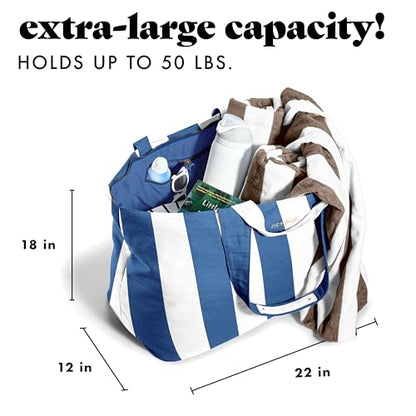 Fit & Fresh XL Beach Tote Bag for Women – XL Travel Tote with Zipper & Pockets, Oversized Canvas Pool Bag, Weekender Carry-On - color: Cobalt Stripe
