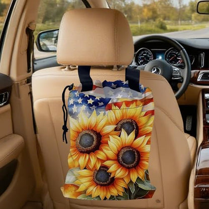 Sunflowers on American Flag Car Garbage Bag, Small Car Trash Bag Hanging Back of Seat,Drawstring Car Trash Bag with Adjustable Buckle,Car Accessories for Camping Travelling - color: Sunflowers on American Flag
