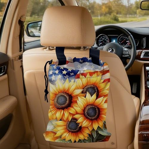 Sunflowers on American Flag Car Garbage Bag, Small Car Trash Bag Hanging Back of Seat,Drawstring Car Trash Bag with Adjustable Buckle,Car Accessories for Camping Travelling - color: Sunflowers on American Flag