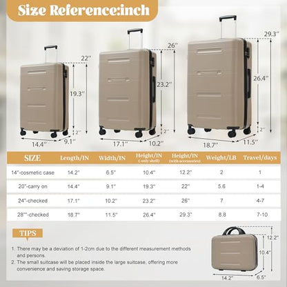 Merax Luggage Set 6 Piece,Lightweight Hardshell Suitcase with Double Spinner Wheels Handle Password Lock,14 IN Cosmetic Case 20/24/28 IN Luggages with Duffel Bag and Toiletry Bag,Khaki - color: Khaki, style: 14+20+24+28+bags
