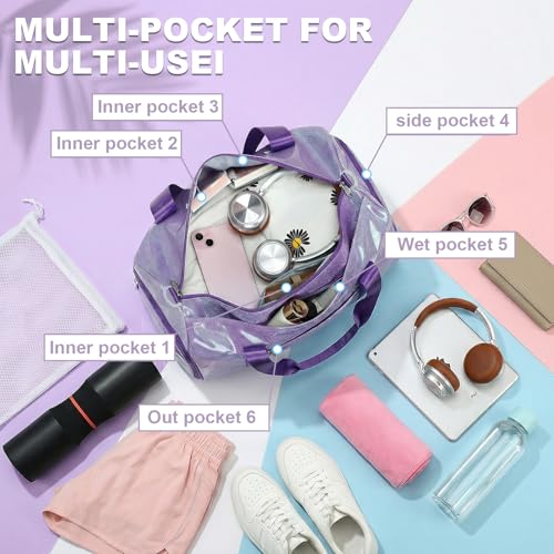 Gym Bag Sports Duffle Bag with Wet Pocket Weekender Overnight Bags with Waterproof Shoe Pouch and Air Hole for Girls Kids Women Workout Travel Bags (Purple) - color: Purple