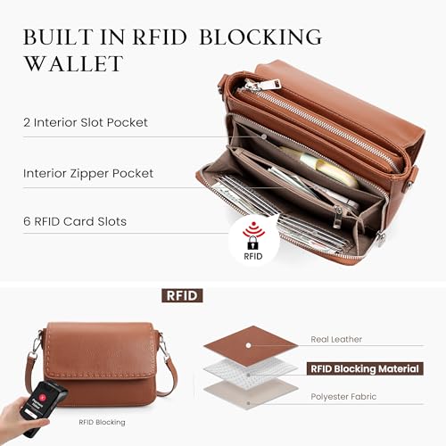 befen Genuine Leather Crossbody Bags for Women Medium Purse with Built in RFID Wallet Womens Soft Cross Body Purse - color: Brown