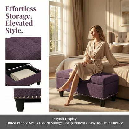 28.5 Inch Storage Ottoman Bench, Upholstered Ottoman with Hidden Storagefor Bedroom Living Room, End of Bed Foot Rest Stool, Purple - color: Purple
