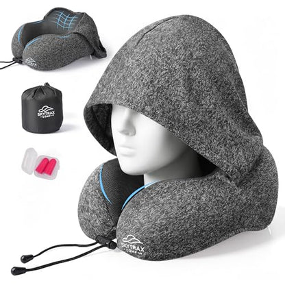 SkytraxComf® Travel Neck Pillow with Hood for Privacy on Long Flights | Memory Foam | Airplane Sleep | Safety-Tested Materials | Extra Large Hood | Chin Support | Earplugs | Washable Cover - color: Grey