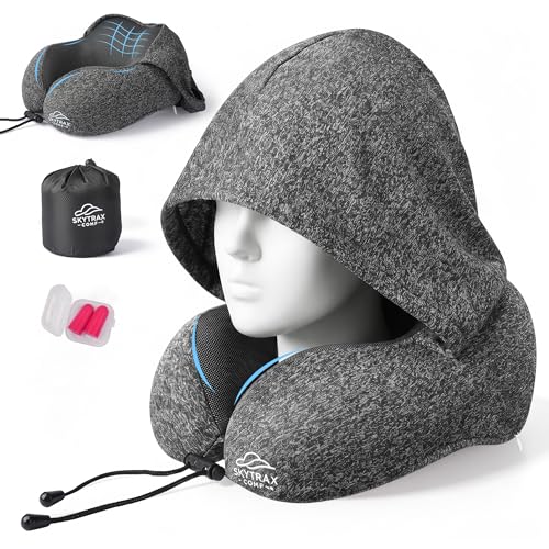 SkytraxComf® Travel Neck Pillow with Hood for Privacy on Long Flights | Memory Foam | Airplane Sleep | Safety-Tested Materials | Extra Large Hood | Chin Support | Earplugs | Washable Cover - color: Grey