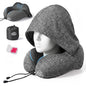 SkytraxComf® Travel Neck Pillow with Hood for Privacy on Long Flights | Memory Foam | Airplane Sleep | Safety-Tested Materials | Extra Large Hood | Chin Support | Earplugs | Washable Cover - color: Grey