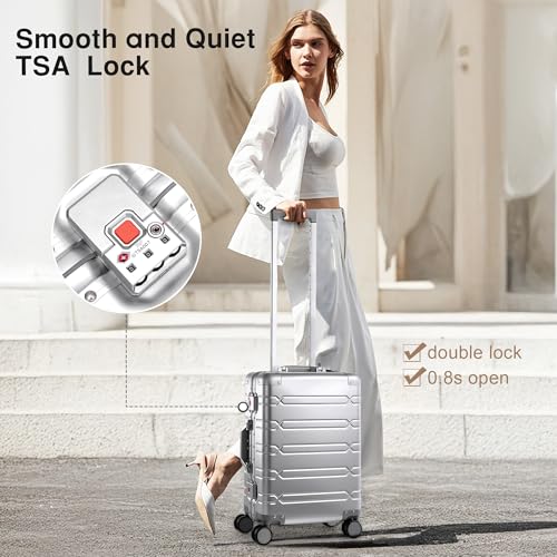 VentureVault All Aluminum Carry On Luggage 22x14x9 Airline Approved，Zipperless Luggage Premium Aluminum Suitcase Luggage, Hard Shell Carry On Luggage with Spinner Wheels (silver, 20inch) - color: Silvery, size: 20inch