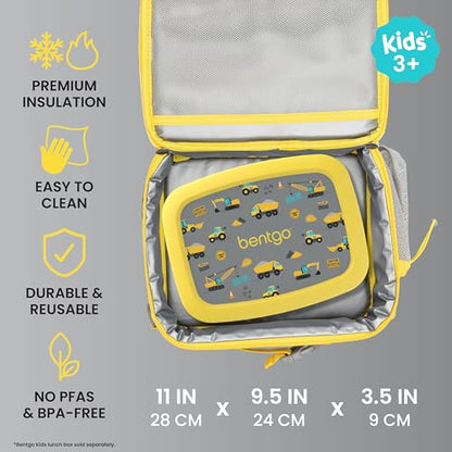Bentgo Kids Lunch Bag - Durable, Double-Insulated Lunch Bag for Kids 3+; Holds Lunch Box, Water Bottle, & Snacks; Easy-Clean Water-Resistant Fabric & Multiple Zippered Pockets (Construction Trucks) - color: Construction Trucks