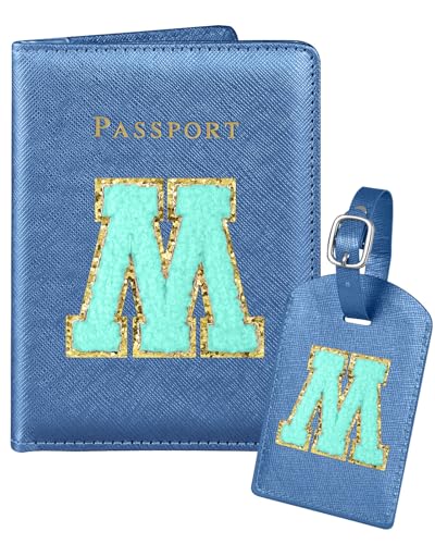 Slohif Passport Holder Initial Lugguage Tag Set Suitcase Cover Wallet Case for Travel Women - Leather Letter Passport Book Personalized Organizer Card Protector Sleeve Essentials Slim Carrier Blue M - color: Blue, style: M
