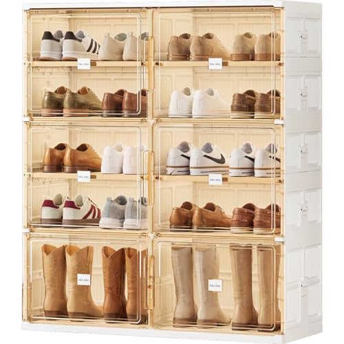 JEKO&JEKO 5 Tiers Foldable Boot and Shoe Storage Rack Cabinet for Closet Entryway, Large Collapsible Shoe Organizer with Magnetic Doors (White) - color: Double-row, size: 5 Tiers (4+1 Boots)