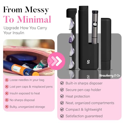 STRAWBERRY & CO Insulin Cooler Travel Case - Built-in Sharps Dispenser & Temperature-Control Organizer- TSA Approved Diabetic Pen Storage for Ozempic, Insulin Pens & Needles - Compact & Leak-Proof - color: Black