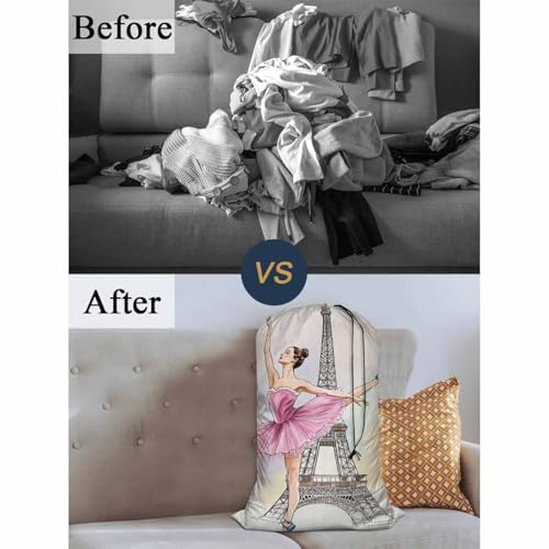 Swono Beautiful Ballerina Large Travel Laundry Bag - Washable Wet Dry Bag for Dirty Clothes - Dancer Posing on Eiffel Tower - Bathing Suit Workout Bag for Gym - color: Beautiful Ballerina