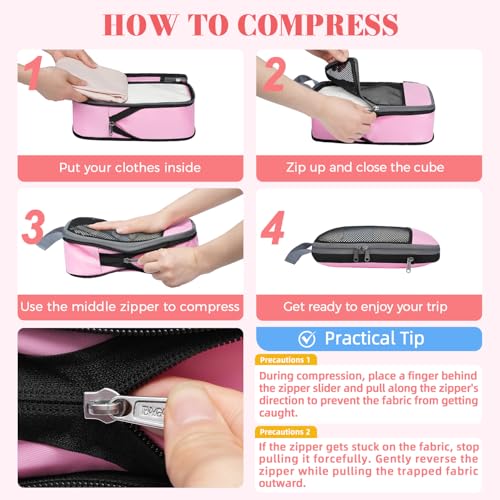 BAGAIL 4 Set/6 Set/8 Set Compression Packing Cubes Travel Accessories Expandable Packing Organizers (Half Mesh, 6-Pink) - color: 6-Pink, style: Half Mesh