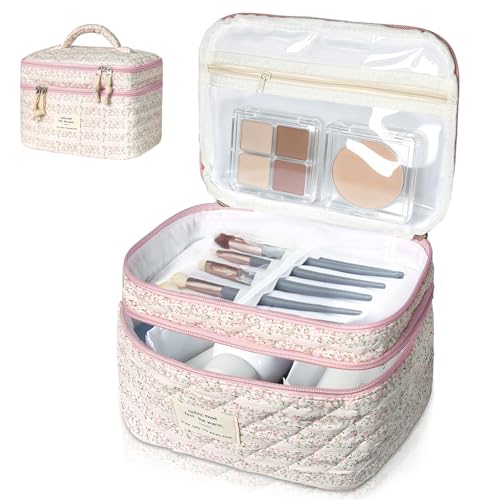 Gosect Makeup Bag, Portable Travel Make up Bag, Large Capacity Quilted Cosmetic Organizer Bag, Cute Floral Toiletry Bag for Women Girls (Pink Flower) - color: Pink
