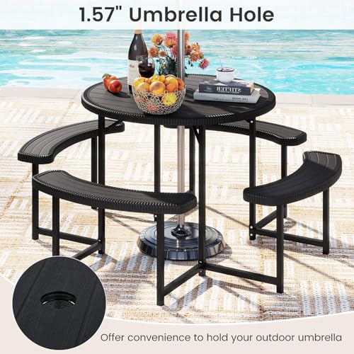 Tangkula 8 Person Picnic Table, HDPE Outdoor Round Table and Bench Set with 4 Built-in Benches, Umbrella Hole, Metal Frame for Garden Yard Patio Lawn - color: Black