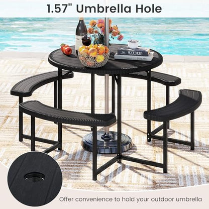 Tangkula 8 Person Picnic Table, HDPE Outdoor Round Table and Bench Set with 4 Built-in Benches, Umbrella Hole, Metal Frame for Garden Yard Patio Lawn - color: Black
