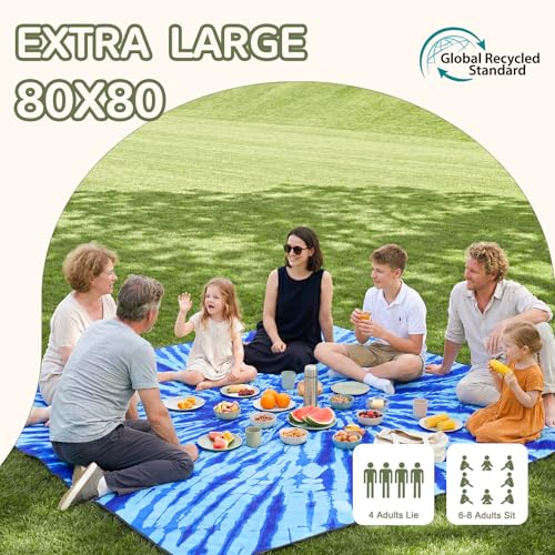 Genovega Waterproof Sandproof Beach Blanket Picnic Outdoor Mat Rug Extra Large Foldable Sand Free Big Giand XL Car Essential Roadtrip Gadget Rv Accessories Gear Must Haves Hiking Items Necessities - color: Tie Dye Blue