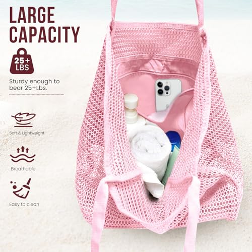 HOHOM Beach Bags for Women, Summer Travel Mesh Tote Bag with Large Inner Pocket, Sandproof Woven Shoulder Handbag - color: Pinky