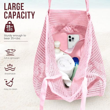 HOHOM Beach Bags for Women, Summer Travel Mesh Tote Bag with Large Inner Pocket, Sandproof Woven Shoulder Handbag - color: Pinky
