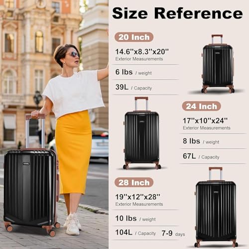 Hoteel Luggage Sets 3 Piece, 4-Year Warranty, Durable Suitcase Set with Spinner Wheels, ABS Hard Shell Lightweight Luggage with TSA Lock, Large Checked Travel Suitcases, Black(20/24/28) - color: Black, size: 20/24/28 inch
