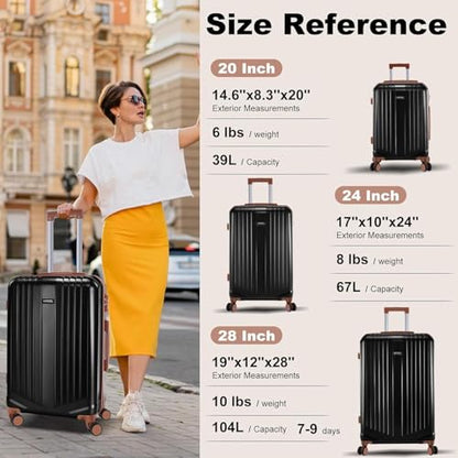 Hoteel Luggage Sets 3 Piece, 4-Year Warranty, Durable Suitcase Set with Spinner Wheels, ABS Hard Shell Lightweight Luggage with TSA Lock, Large Checked Travel Suitcases, Black(20/24/28) - color: Black, size: 20/24/28 inch