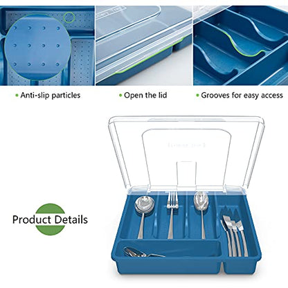𝐅𝐥𝐚𝐭𝐰𝐚𝐫𝐞 𝐎𝐫𝐠𝐚𝐧𝐳𝐢𝐞𝐫 𝐰𝐢𝐭𝐡 𝐋𝐢𝐝, Plastic Silverware Tray for Drawer, 5 Compartments Utensil Holder for Countertop, Navy Blue - color: Navy Blue