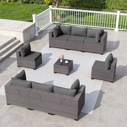 9 Pieces Outdoor Sectional Furniture All Weather PE Rattan Wicker Patio Conversation Set with Coffee Table and 8 Thickened Cushions,Grey - color: Grey, size: 9 Sofa Set