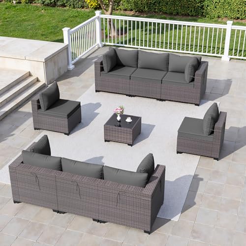 9 Pieces Outdoor Sectional Furniture All Weather PE Rattan Wicker Patio Conversation Set with Coffee Table and 8 Thickened Cushions,Grey - color: Grey, size: 9 Sofa Set