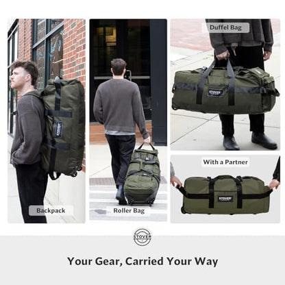 STOVER 45/80/100L Rolling Duffel Bag with Wheels, Large Durable Travel Duffle + Toiletry Bag, Heavy Duty, Packable, Foldable with Shoulder Straps- Use as Luggage or Backpack, Men/Women (Green) - color: Green