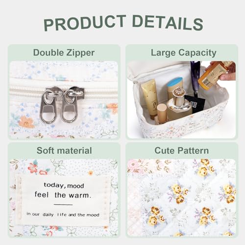 GISMTR 3Pcs Cotton Quilted Makeup Bag Large Travel Cosmetic Bag Coquette Makeup Pouch Cute Aesthetic Floral Toiletry Bag for Women Girls (flower-U) - color: flower-U
