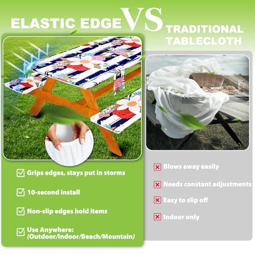 Fitted Picnic Table Cover with Bench Covers Set, Waterproof Lightweight Rectangle 72in Folding Table Cloths Canopy Shade Slipcover Cool Unique Fun Camping Gift for Camper Women Men Family Rv Owners - color: Blue White Stripes Flowers, size: 72in