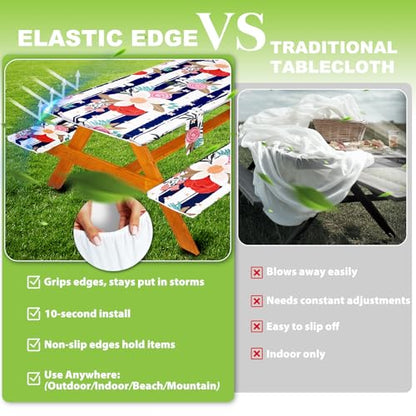 Fitted Picnic Table Cover with Bench Covers Set, Waterproof Lightweight Rectangle 96in Folding Table Cloths Canopy Shade Slipcover Cool Unique Fun Camping Gift for Camper Women Men Family Rv Owners - color: Blue White Stripes Flowers, size: 96in