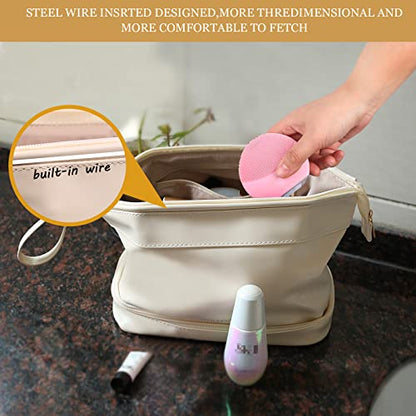 Abiudeng Large Capacity Makeup Bag Ladies Cosmetic Bag Travel Bag with Compartments Portable PU Leather Travel Makeup Bag with Handle - color: White