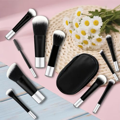 10 Pcs Mini Travel Makeup Brush Set with Pouch, Foundation, Eyeshadow, Blush, Highlighter, Angled Brow & Mascara Brushes - Soft Synthetic Fiber Brushes for On-The-Go & Daily Makeup (Black) - color: Black