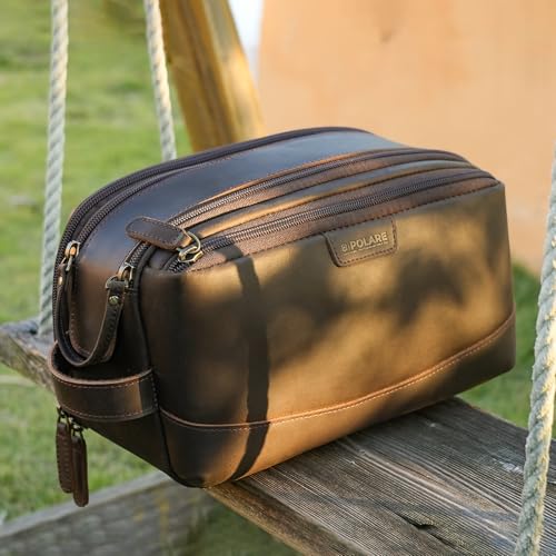 Polare Full Grain Leather Toiletry Bag for Men Large Travel Cosmetic Case Dopp Kit Shaving Kit Wash Pouch with YKK Zippers - color: Dark Brown