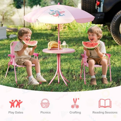 HONEY JOY Kids Picnic Table, Animal Themed Toddler Outdoor Table and Chair Set, 2 Folding Chairs & Removable Umbrella, Children Outdoor Furniture for Backyard Patio Garden (Pink Mermaid) - color: Pink Mermaid