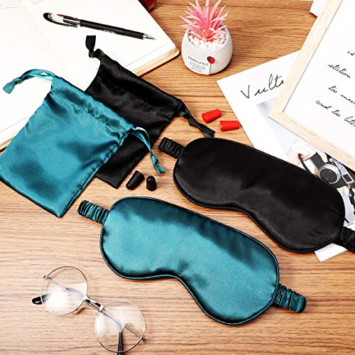 Silk Satin Sleeping Mask Eye Mask Set Include 2 Blindfold Eyeshade Elastic Strap Double Layer Silk Filling Eye Cover 2 Ear Plugs 2 Storage Bags for Women and Men Sleep Travel Nap (Black, Dark Green) - color: Black, Dark Green