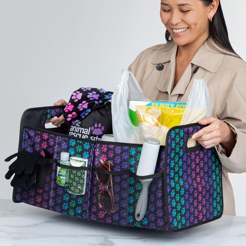 GreaterGood Paws Car Trunk Organizer Foldable Storage Bin with Handles Non Slip Base Pet Gear Travel Tote for SUV Truck (Rainbow Paws) - color: Rainbow Paws