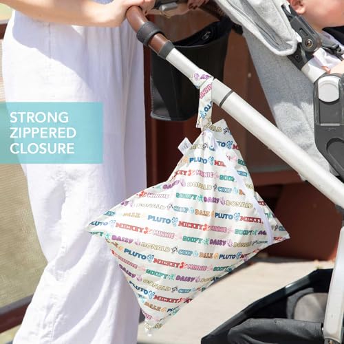 Bumkins - Waterproof Wet Bag & Clear Travel Bags - For Beach, Baby, Travel, Swim Suit, Cloth Diapers, Pump Parts, Pool, Gym, Toiletries - Reusable & Easy to Clean - Mickey and Friends White - 4 Pack - color: D1 Mickey Varsity-4