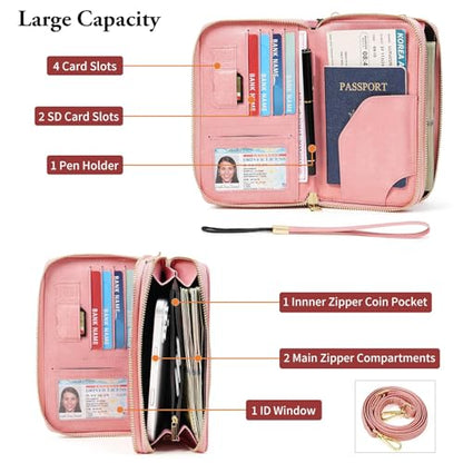 GOIACII Passport Wallet Travel Crossbody Bags for Women Wristlet Phone Purse Double Zip Vegan Leather Pink - color: A04 Pink